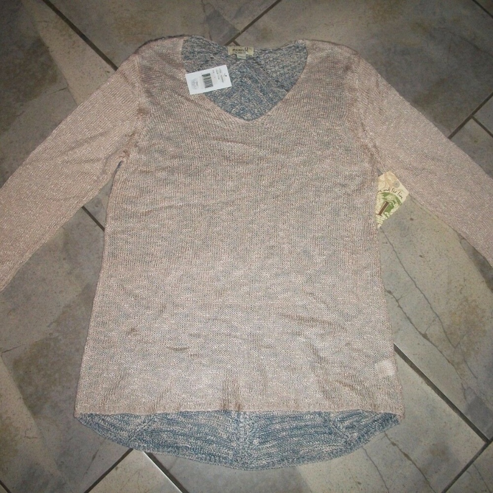 One World Beige V-Neck Sheer Back Sweater L